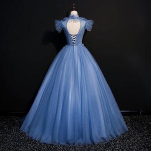 Smoky Blue Long Tulle Stage Performance Gown Women High Waisted Puffy Skirt Polyester Fabric Adult Fashionable Dress - Product Image 3