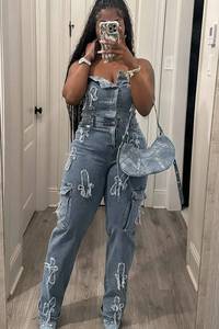 Mode féminine taille haute sans bretelles sans manches Jean Cargo une pièce combinaison été mode En <span class=keywords><strong>Jeans</strong></span> Combinaison <span class=keywords><strong>Femme</strong></span> Logo - Product Image 4