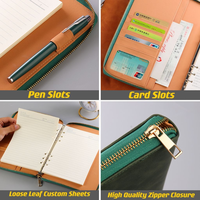 Carpeta de Cuero con Cierre, Ranuras para Tarjetas, Portaplumas, Planificador de Hojas Sueltas Recargable, Logotipo OEM, Colores Personalizados, Tamaño Personalizado de Fábrica