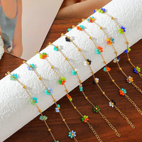 Bracelet en perles de verre fleuries faites à la main avec chaîne en acier inoxydable, bijoux pour femmes tendance, vente en gros