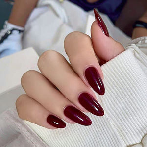 定制新设计24pcs套装指甲杏仁Soild彩色压力机指甲批发ABS深红色假指甲 - Product Image 1