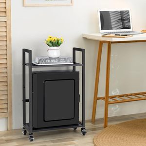 Computer Tower <b>Stand</b> With Wheels 2 Tier Metal Desktop <b>PC</b> Storage Rack Office Mobile Workstation Black Carbon Steel - Product Image 3