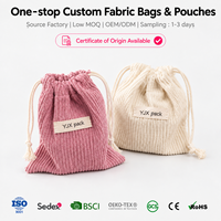 Sac à cordon en velours côtelé vintage avec étiquette en tissu personnalisée, petite pochette portable pour accessoires, emballage cadeau