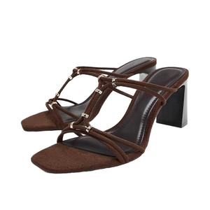 Spring Summer 2026 New Arrival Brown Suede Leather Sexy <b>Open</b> <b>Toe</b> High <b>Heels</b> Square <b>Toe</b> Celebrity Lady Strap <b>Heel</b> Slip-on - Product Image 1