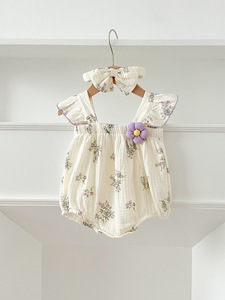 Nuova Collezione Estate 2026: Tutina LangAI per Neonata con Stampa Floreale, <span class=keywords><strong>100</strong></span>% Cotone Pettinato, Chiusura con Bottoni e Fascia per Capelli, per Bambine - Product Image 3