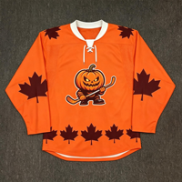 Maillot de hockey sur glace personnalisé en sublimation motif feuille d'érable, orange, motif citrouille d'Halloween, pour l'entraînement des jeunes