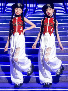 ใหม่ชุดเสื้อแขนกุดสีแดงและกางเกงขาด 2 ชิ้น, ชุดเต้นรำแจ๊สฮิปฮอปสำหรับเด็กผู้หญิงสำหรับเวทีรันเวย์ - Product Image 3