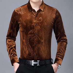 Chemise à manches longues pour hommes, vêtement de soirée Social, coupe cintrée, top décontracté de luxe, broderie Dragon <span class=keywords><strong>chinois</strong></span>, velours - Product Image 6