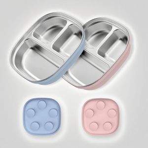 Wholesale Square Kids Plate Stainless Steel&Silicone Tableware with Raised Edges <b>Suction</b> <b>Cup</b> Anti-Fall Design&Foodgrade - Product Image 1