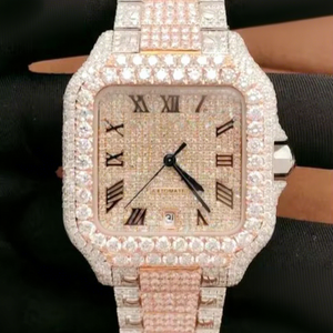 Men's Square Rose-gold Quartz <b>Watch</b> with Glass Dial Moissanite Stainless Steel <b>Case</b>/Band 10 Bar Water Resistant Bracelet Clasp - Product Image 1
