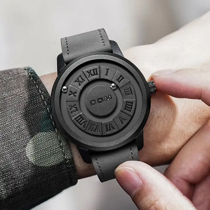 Penjualan laris konsep baru DOM 1345 jam tangan untuk pria mewah kreatif Pointer bergulir jam tangan tenaga magnetik pria jam tangan tahan air