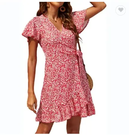 2023 summer floral printing ruffle lace chiffon short sleeve cute dress high waist A line casual dresses for women