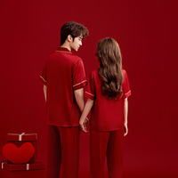 Pyjamas de couple pour mariage, peignoir de matin pour jeunes mariés, respirant, taille élastique, col en V, longueur intégrale, manches courtes, imprimé mignon, polyester, rouge