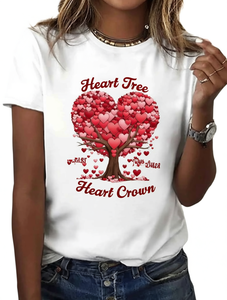 T-shirt da donna bianca con stampa Heart Tree Heart Crown, manica corta, girocollo, top casual, per San Valentino, feste, primavera ed estate - Product Image 1