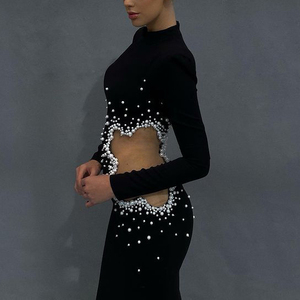 <span class=keywords><strong>Abito</strong></span> da Sera a Maniche Lunghe, Traforato con Perle e <span class=keywords><strong>Tulle</strong></span>, Elegante e alla Moda <span class=keywords><strong>in</strong></span> <span class=keywords><strong>Nero</strong></span> - Product Image 4