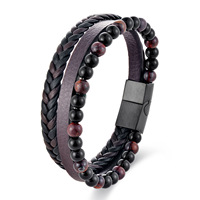 Cordon en cuir noir, bracelet tressé en acier inoxydable double couche pour homme avec pierres naturelles, bracelet en cuir multi-brins fait main