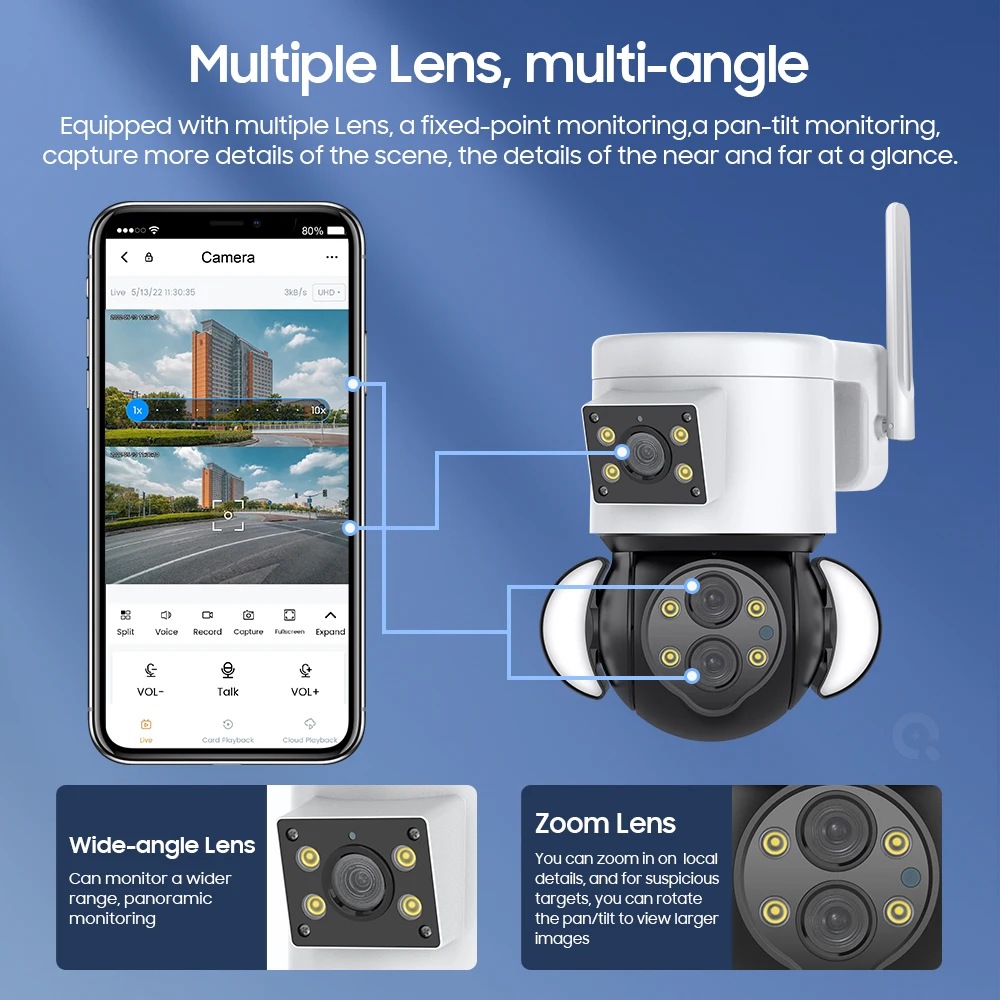 4MP+4MP HD Dual Lens 4X 10X zoomSolar Camera Wifi Surveillance Outdoor Battery Floodlight PTZ RIR Cam CCTV Long Standby
