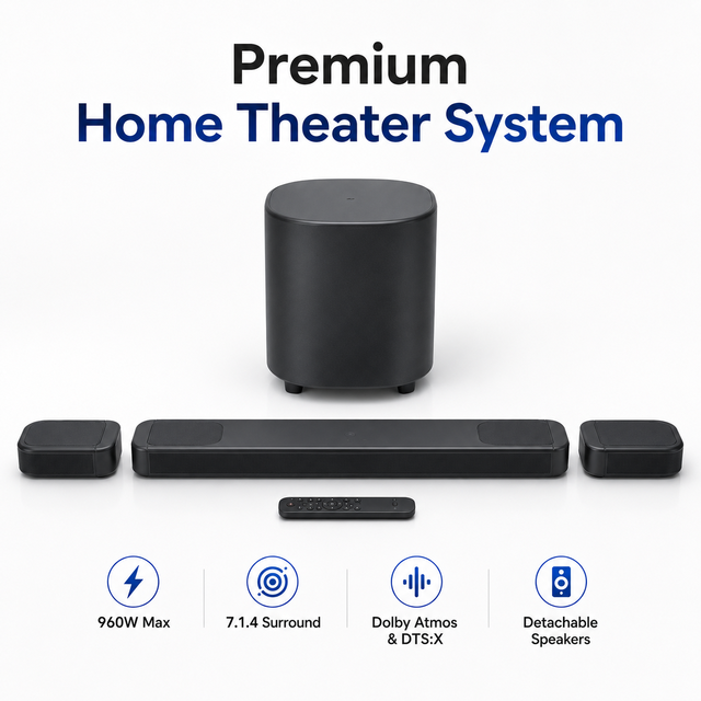 JXL TV Soundbar with Detachable Wireless Speakers, 10-Inch Subwoofer, DTS:X Dolby Atmos, EARC WiFi BT, Home Theater System