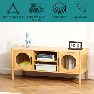 خزانة تلفزيون عصرية مخصصة من الخيزران ببابين ورفين مفتوحين - Product Image 3