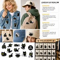 Lot de patchs brodés thermocollants et à coudre, motifs chat noir, chat mignon kawaii, chat triste, chat drôle, avec yeux jaunes
