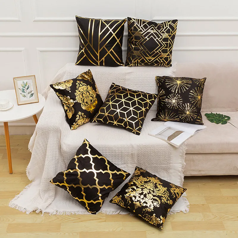 Bedding Outlet Soft Plush Bronzing Cushion Cover Gold Printed Pillow Cover Decorative Sofa Seat Car Cheap Pillowcase