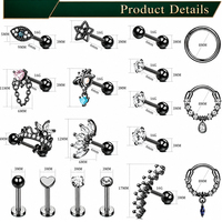Boucles d'oreilles en acier inoxydable 16G avec zircon cubique pour cartilage, tragus, hélix, daith, clous et créoles unisexes, bijoux de corps noir, or, or rose