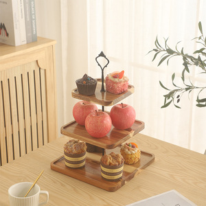 Wooden Three Tier Dessert Stand Square Shape For Home Party Display <b>Rack</b> With Fruit <b>Plate</b> And Cake Tray - Product Image 2