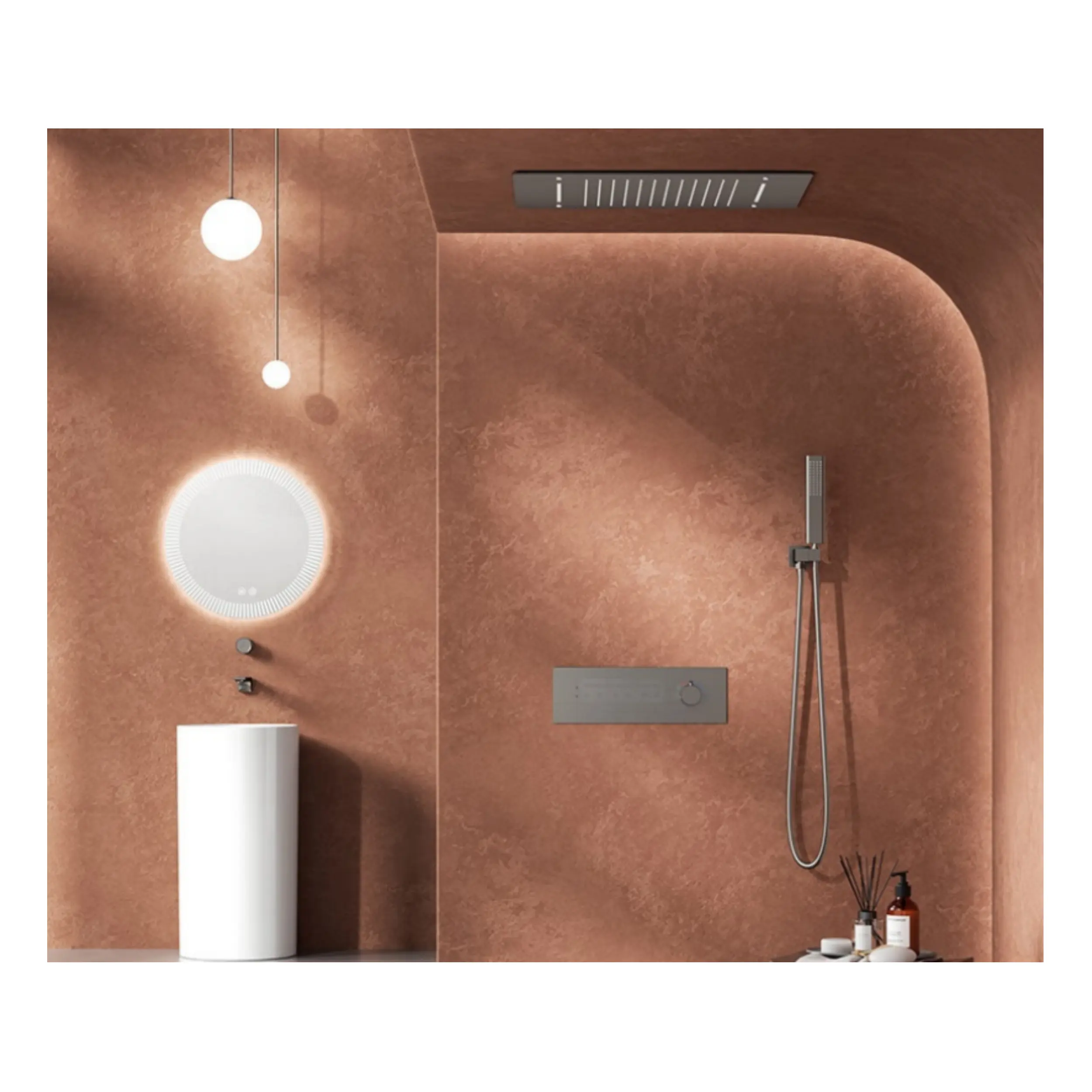 심플 스타일 푸시 버튼 물 전송 은폐 샤워 세트 빅 탑 스프레이 2 기능 욕실 황동 샤워 세트