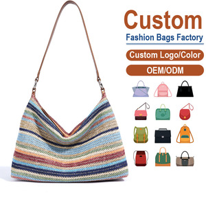 Colorful Raffia <b>Shoulder</b> Bag with Genuine Leather <b>Strap</b> Multicolor Stripe Weave Soft Draped Silhouette Hidden Magnetic Closure - Product Image 1