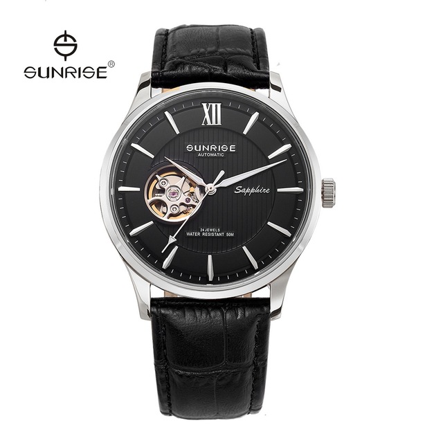 Black Genuine Leather Watch Skeleton Tourbillon Wristwatches Automatic Mechanical Clock Watches for Men