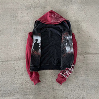 Sudadera con Capucha OEM de Algodón Pesado para Hombre, Roja y Negra, con Lavado Ácido, Reversible, Estampada, Estilo Y2K, Personalizada al por Mayor
