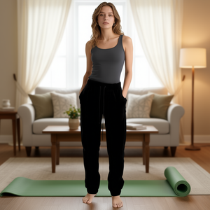 HDJ Women's Harem Pants Classic Black Full Length Loose Fit <b>Drawstring</b> Waist Terry Fabric Casual Sportswear Autumn Wear - Product Image 2