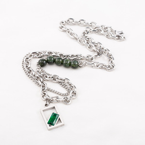 Layered Necklace Geometric Green Crystal Pendant <b>Titanium</b> Steel Multi Layer Fashion Jewelry - Product Image 4