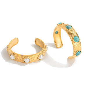 Bracelet manchette tendance en alliage de zinc doré avec incrustation de perles, design ouvert, bijoux unisexe - Product Image 5