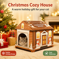 Lit-griffoir pour chat en forme de maison de Noël, abri festif en carton ondulé avec griffoir intégré et coussinets de remplacement