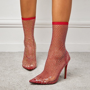 Bottes à talons hauts sexy noires pour femmes 2022, à talon fin et bout pointu, avec maille ajourée style chaussette filet de pêche, style combat automne-été - Product Image 1