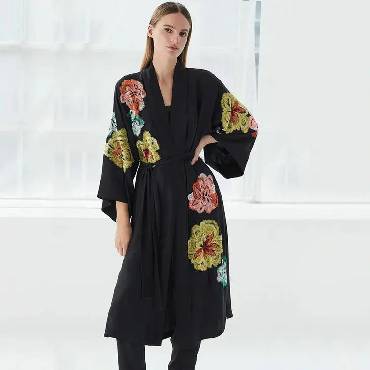 Baju Pantai Kimono Bordir Bunga, Baju Kasual Kardigan Liburan Rayon