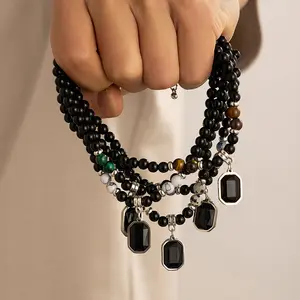 Kerah de colgante cuadrado con cuentas negras kerah de accesorios de moda para hombres kerah de joyas de moda regalo para