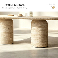 Table à manger en travertin naturel 183x97cm, 76cm de hauteur, bord arrondi, double piétement, style côtier moderne australien