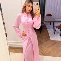 Robe Abaya Nuosha OEM à col mandarin et boutons grenouillère, manches longues, ourlet fendu, tenue maxi modeste pour femmes musulmanes, longueur ras du sol