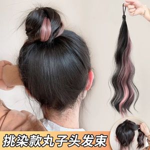 Self <b>Wrapped</b> Bun Wig With Highlights For Women Hair Extension Long Wavy Brown Pink Purple Color Updo Hair Tie - Product Image 6