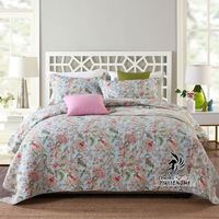 Parure de lit style pastoral à imprimé fleurs, plantes et oiseaux, couvre-lit américain matelassé double face lavable en coton floral