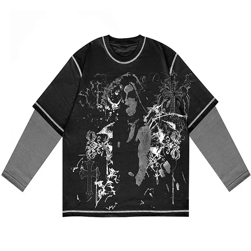 Hip Hop Patchwork Long Sleeves Cotton T Shirt Men Custom Screen Printing Contrast Stitch Layered Shirts