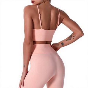 Pink Seamless High Waist <b>Yoga</b> <b>Leggings</b> and Sports Bra Set Ribbed 2 Piece Workout Activewear - Product Image 2