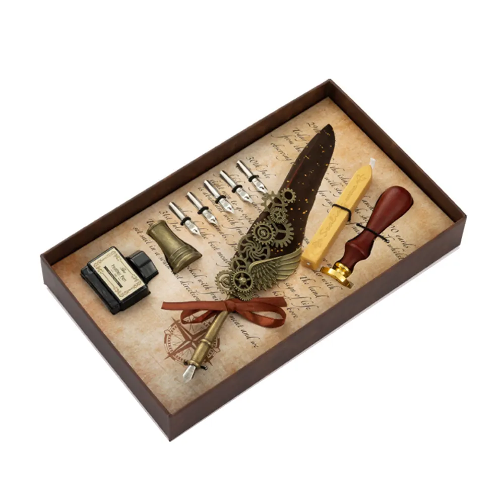 Mechanical Quill Calligraphy Feather Dip Pen Gift Box Retro Elegant Wax Seal Goose Feather Pen Gift Set With Ink Nibs Pen Holder