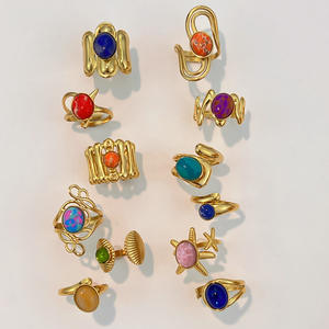 Bague Géométrique Vintage en Acier Titane 18K, Réglable, en Acier Inoxydable avec Pierre Naturelle Colorée, Idéale pour Cadeau de Fête ou Bijou - Product Image 2