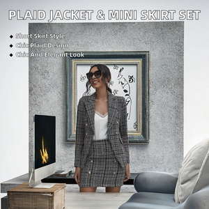 Conjunto Casual de Invierno para Mujer al por Mayor: Chaqueta sin Mangas de Tela a Cuadros y Minifalda hasta la Rodilla con Botones, Elegante Traje Ecológico de Dos Piezas - Product Image 2