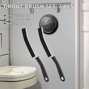 Brosse de nettoyage rigide, lot de 2, avec boucle de suspension et manche en bois, pour salle de bain, toilettes, carrelage, rainures de portes/fenêtres, interstices étroits de voiture - Product Image 2