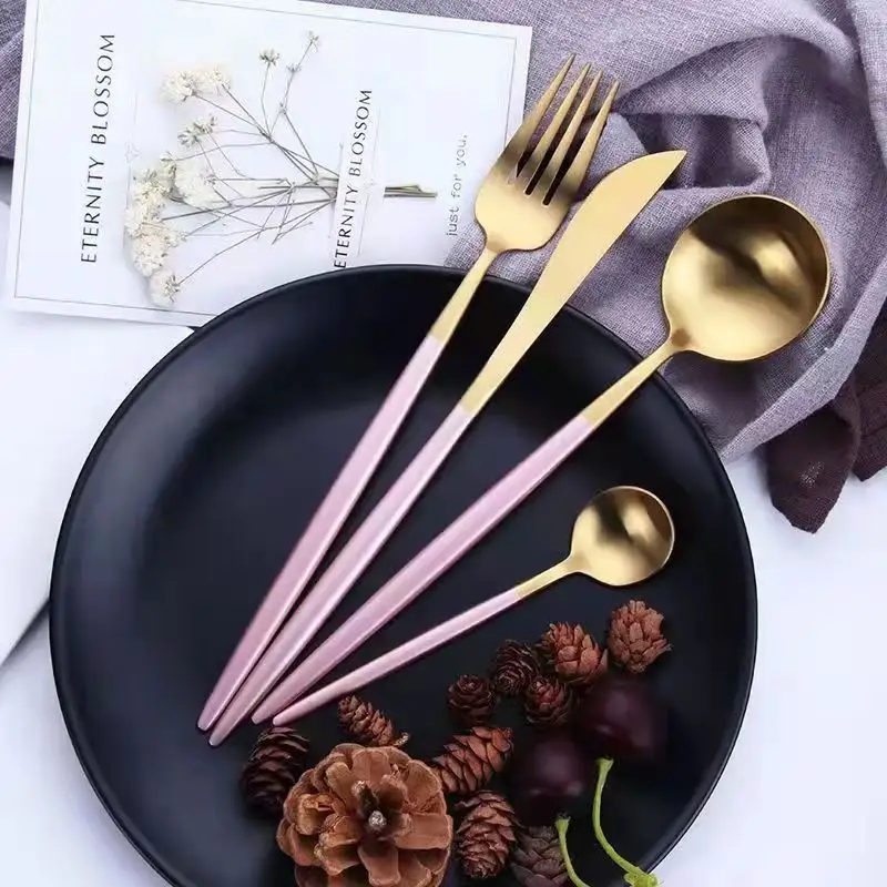 High quality 18/10 royal stainless steel restaurant gold cutlery juego de cubiertos black pink green red gold plated cutlery