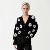 Sweter wol 100% wanita kustom jaket rajut bordir bunga kardigan atasan V-Neck bergaris hangat untuk wanita